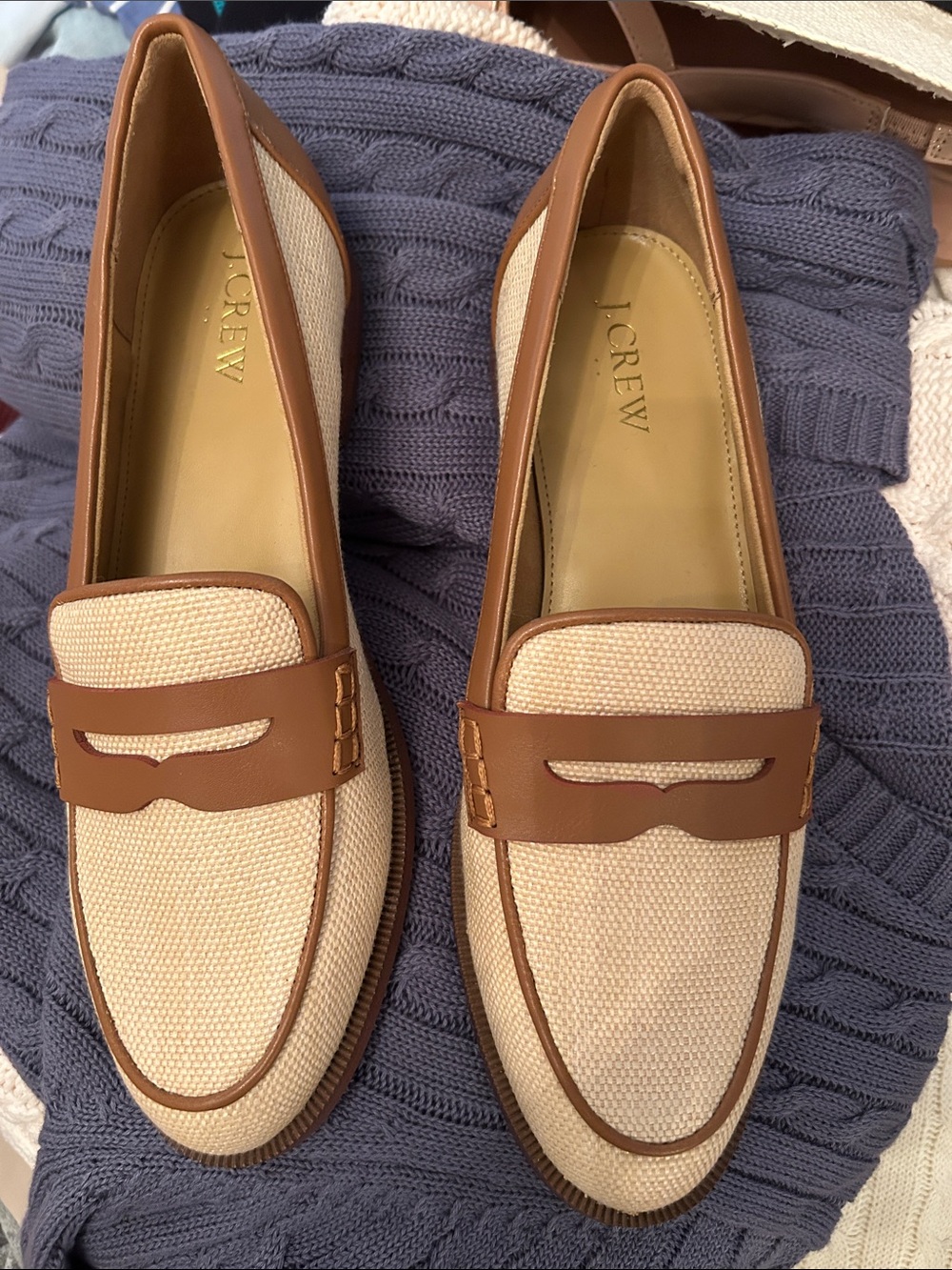 J. Crew Cream Canvas and Tan Leather Penny Loafers